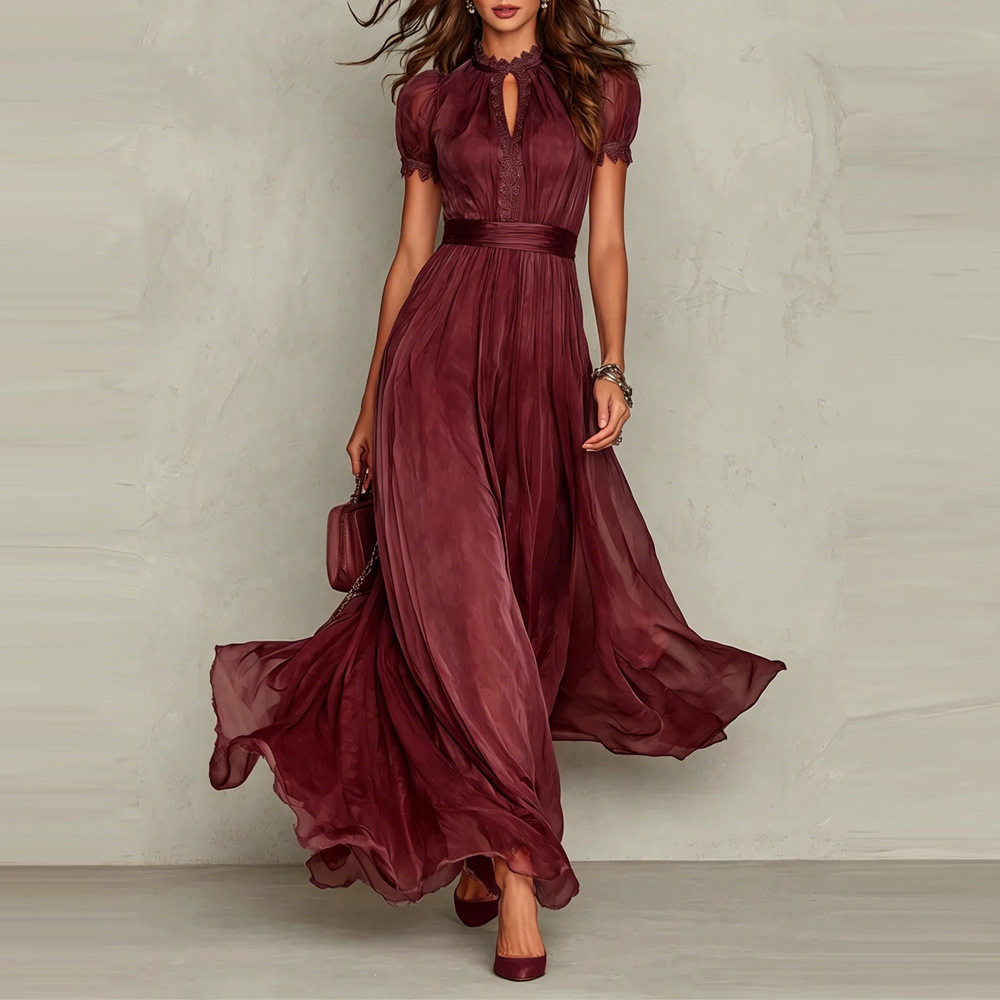 V Neck Ruffled Hem Casual Dress Waist Defined Flowy Silhouette Autumn Style Wholesale Available