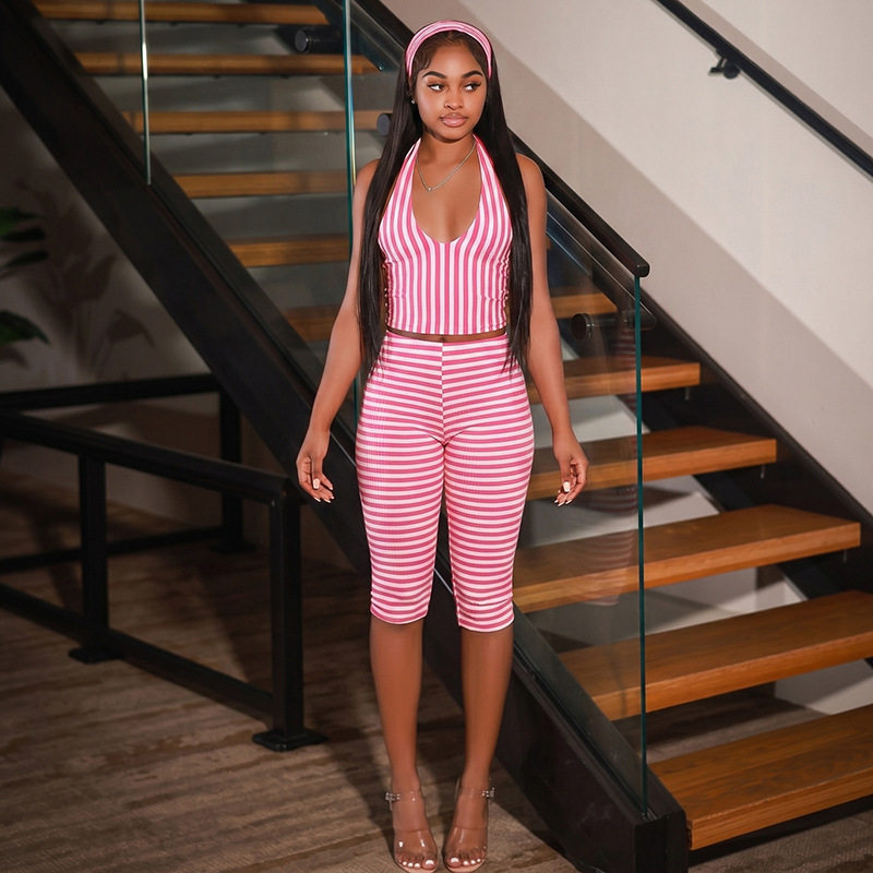 Vintage Striped Halter Neck Backless Top with Sexy Cropped Pants Set Summer Fashion for Women Wholesale Available