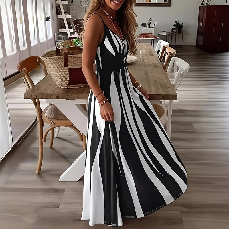 Casual Striped Sleeveless V Neck Dress Summer Fashion Vacation Style Lightweight Fabric Wholesale Available