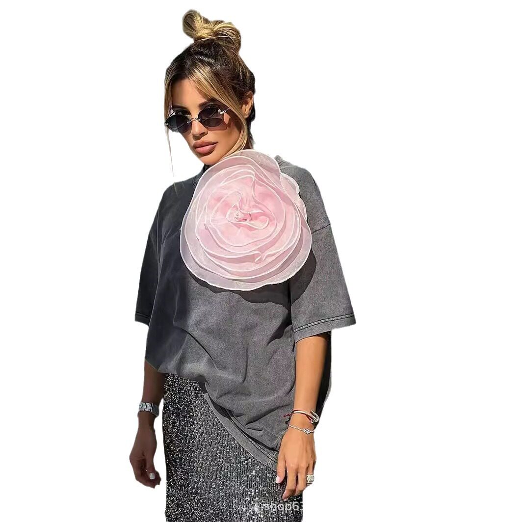 Womens Vintage Style Short Sleeve Cotton T Shirt Washed Wax Dyed Faded Look Streetwear Summer Casual Wear