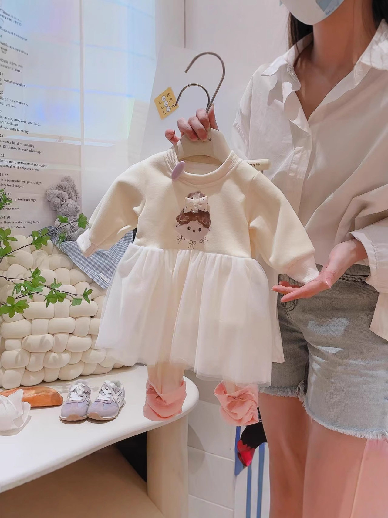 Girls' Cartoon Set, New Autumn Baby Mesh Patchwork Hoodie & Stacked Leggings Two-Piece Outfit