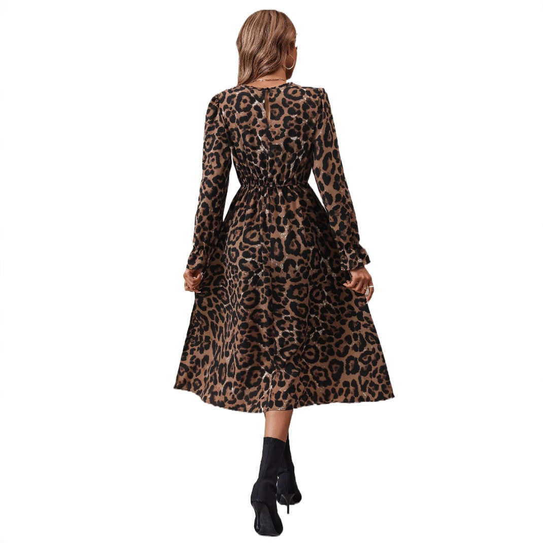 Leopard Print Dress Fashionable Floral Design Round Neck Short Sleeve Perfect for Summer Events Wholesale Available