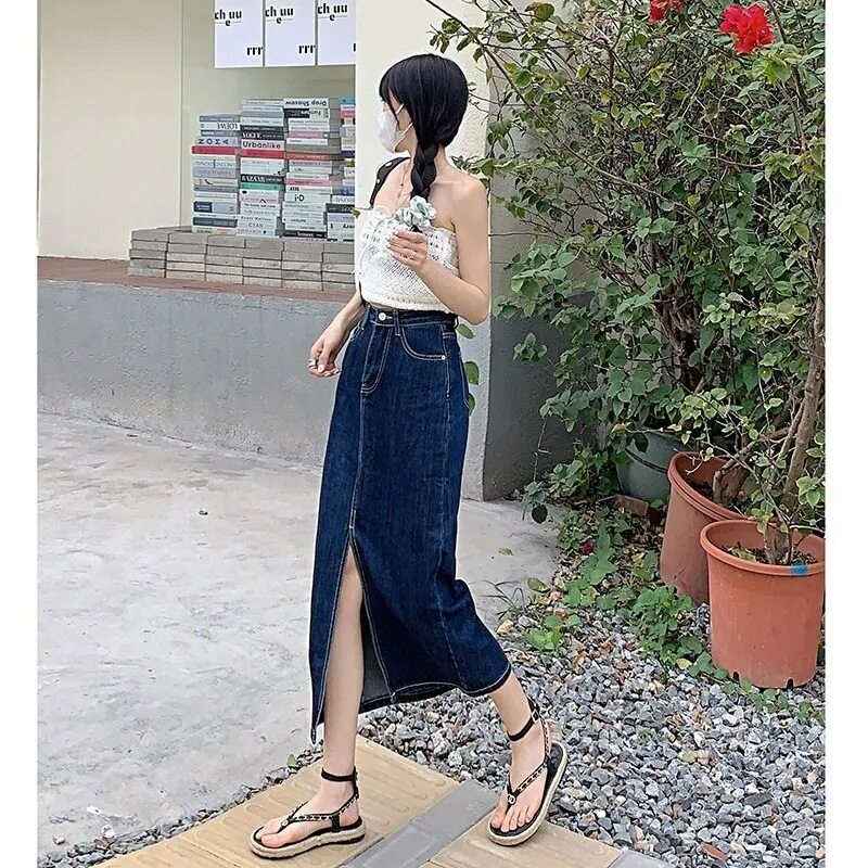 Light Wash Denim Midi Skirt for Women High Waist A Line Split Design Summer Casual Wear Wholesale Available