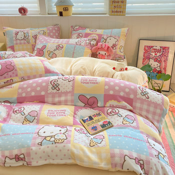 Sanrio Kitty Cat Thickeneded Milk Velvet Four-Piece Set A-Type Autumn and Winter Double-Sided Velvet Cartoon Bed Sheetss, Quilt Covers and Fitted Bed Sheetss