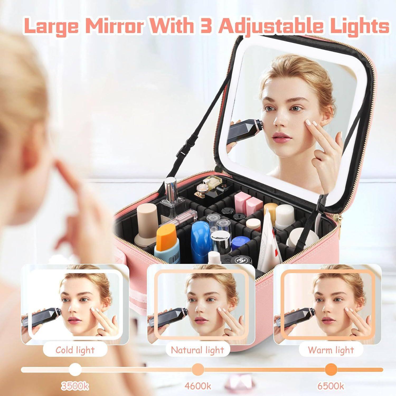 Cross-Border Popular Cosmetic Bag with Light, Mirror and Three-Color Light, Large Capacity, High-End Cosmetics Storage Cosmetic Case