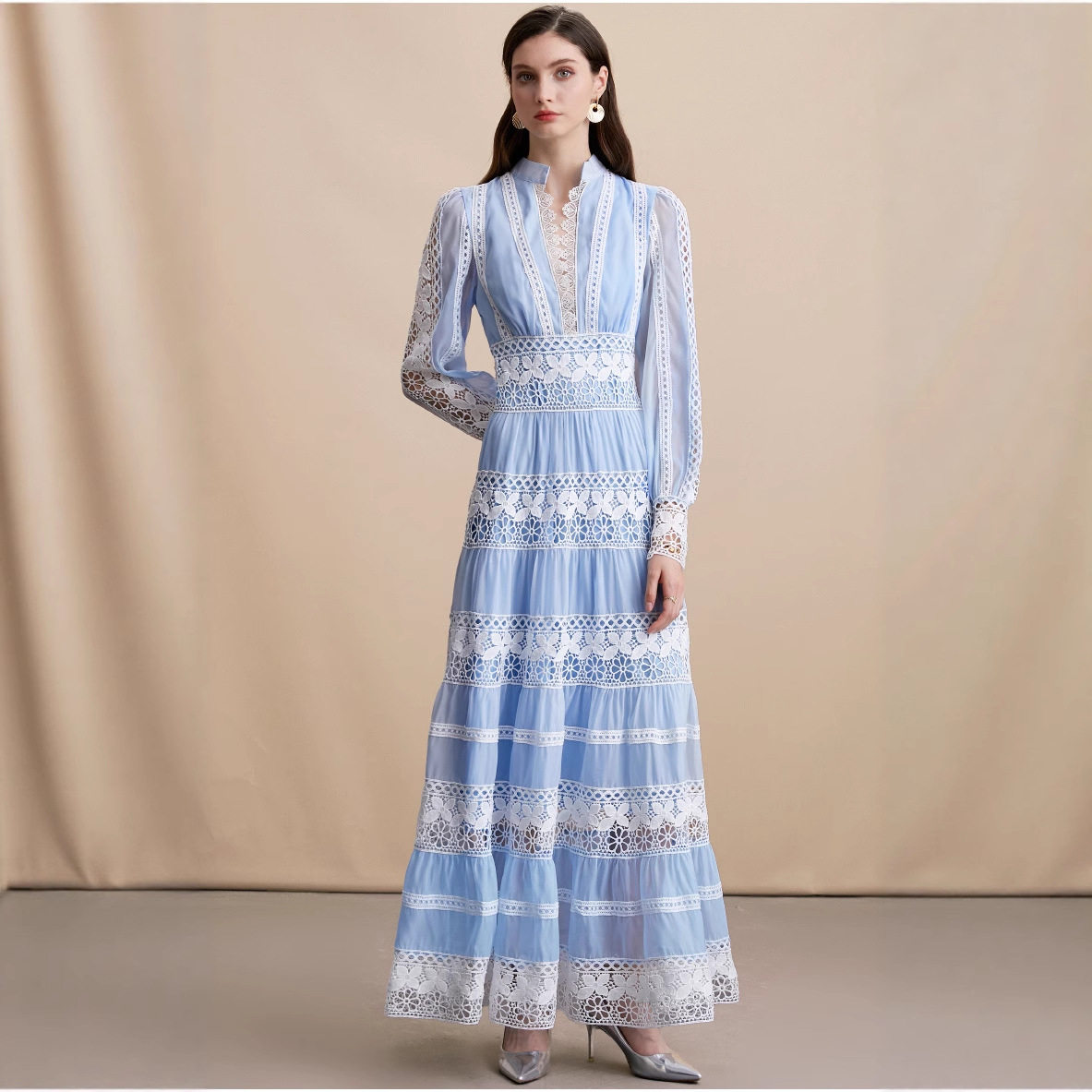 Elegant V Neck Lantern Sleeve Dress Stunning Lace Paneling Waist Defining Autumn Fashion Wholesale Available