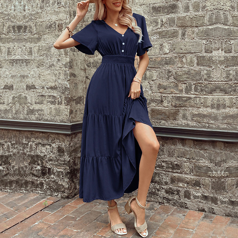 Elegant Summer V Neck Ruffled Hem Dress Slim Fit Solid Color Versatile Style Perfect for Casual or Formal Occasions