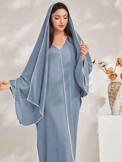 Al Najma Womens Solid Color V Neck Batwing Sleeve Loose Str