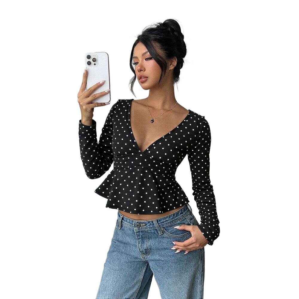 Polka Dot V Neck Long Sleeve T Shirt for Women Slim Fit Waist Cinching Lightweight Casual Wear or Layering
