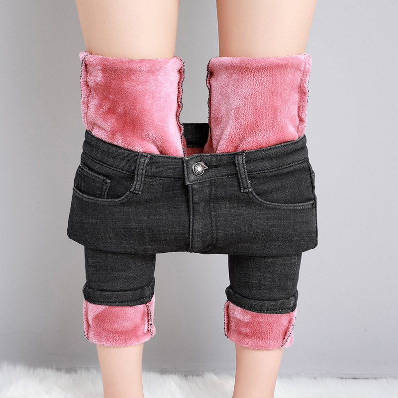 High Waisted Vintage Denim Pants Thickened Fleece Lined Slim Fit Autumn Winter Womens Fashion Wholesale Available