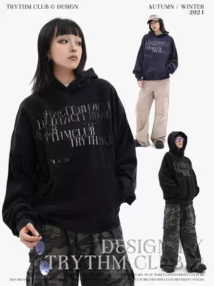 TRYTHMCLUB American Style Retro Gradual Slogan Alphabet Print Relaxed Hooded Sweat Fashion Brand Loose Hip Hop