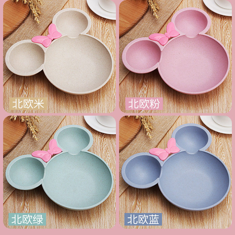 Children's wheat straw grid plate fast food plate Cartoon creative food supplement bowl kindergarten tableware gift printed logo