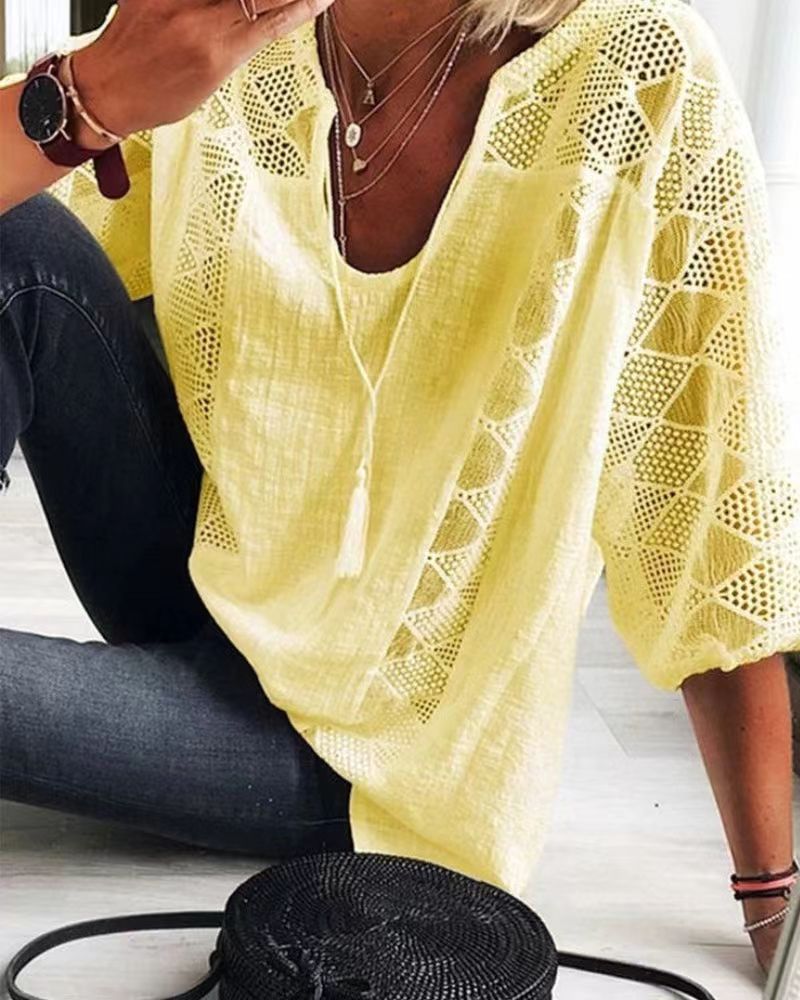 Lace Top Hollow Out Design U Neck Three Quarter Sleeve Casual Wear for Women Wholesale Available