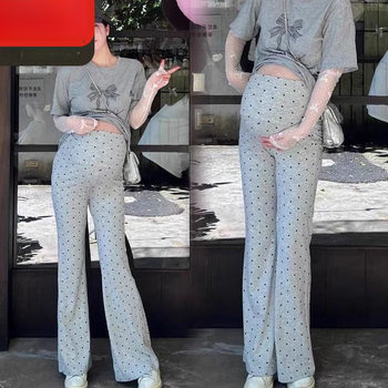 Maternity Micro-Flared Polka-Dot Pants, Spring & Fall Outer Wear, Small Wide-Leg Pants, Casual Loose Straight-Leg Flared Pants, Maternity Wear