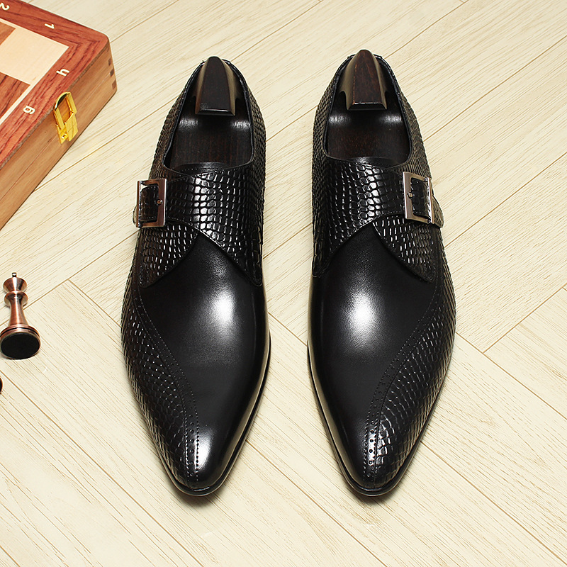 Giày da nam mũi nhọn khóa cài kiểu monk strap thanh lịch — Màu đen, Màu nâu đỏ