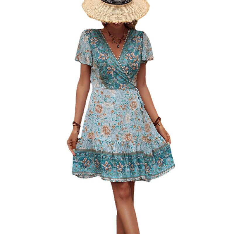 Bohemian Floral Geometric Print Maxi Dress Summer Style Tie Waist Comfortable Fabric Perfect for Casual Outings