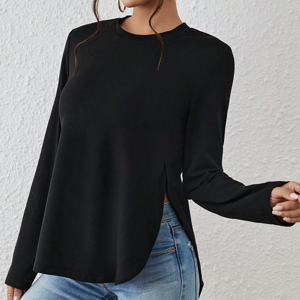 Womens Casual Loose Fit Long Sleeve T Shirt Round Neck Side Slit Versatile Style Autumn Winter Collection