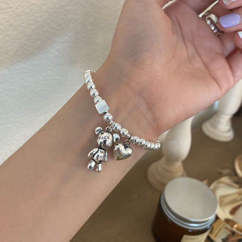 Korean Style S925 Silver-Plated Bear Bracelet for Women, Vintage Fashion Heavy-Duty Heart Bracelet, Round Bead Square Creative Jewelry Trend