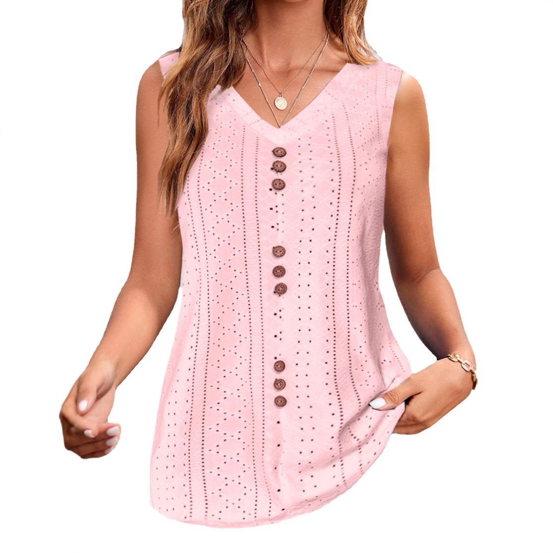 Womens Summer V Neck T Shirt Solid Color Hollow Out Design Lightweight Fabric Casual Wear Wholesale Available