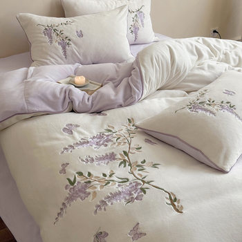 Wisteria Flower Embroider Milk Velvet Four-Piece Set Warm and Thickeneded Coral Velvet Quilt Cover Bed Sheetss Sweet Girls Winter Bedding