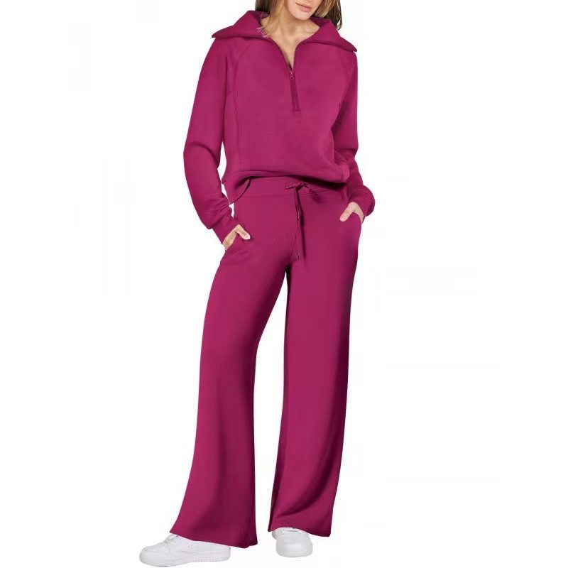 European and American Export 2025 Autumn and Winter Fashion Casual Sports Suit Zipper Long-Sleeved Sweatshirt Wide-Leg Pants Two-Piece Set for Women