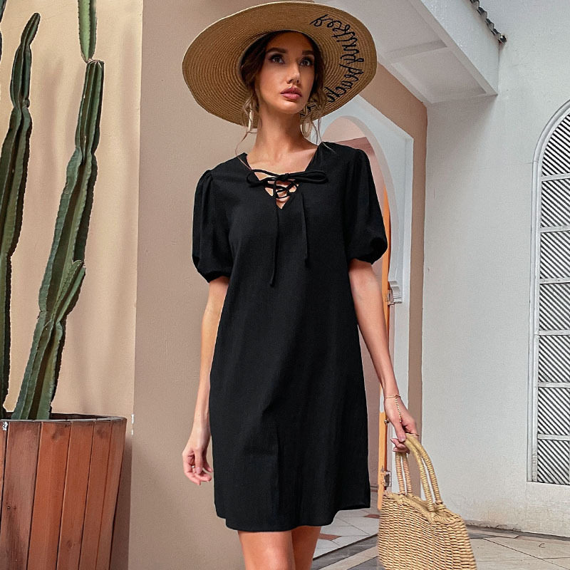 Summer Casual Loose Black Cotton Linen Dress Simple Retro Style Perfect for Everyday Wear Wholesale Available