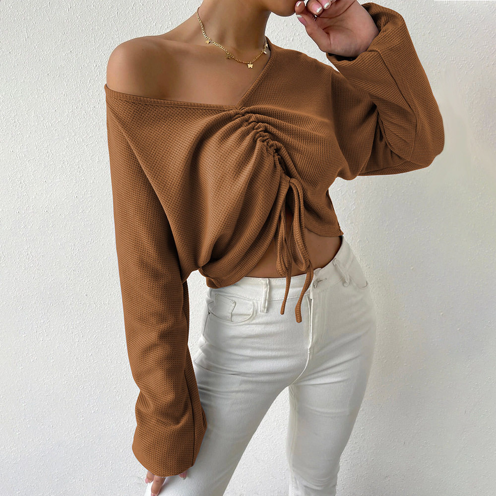 Loose Fit V Neck Long Sleeve T Shirt Casual Waffle Fabric Drawstring Detail Cropped Style Spring Summer Womens
