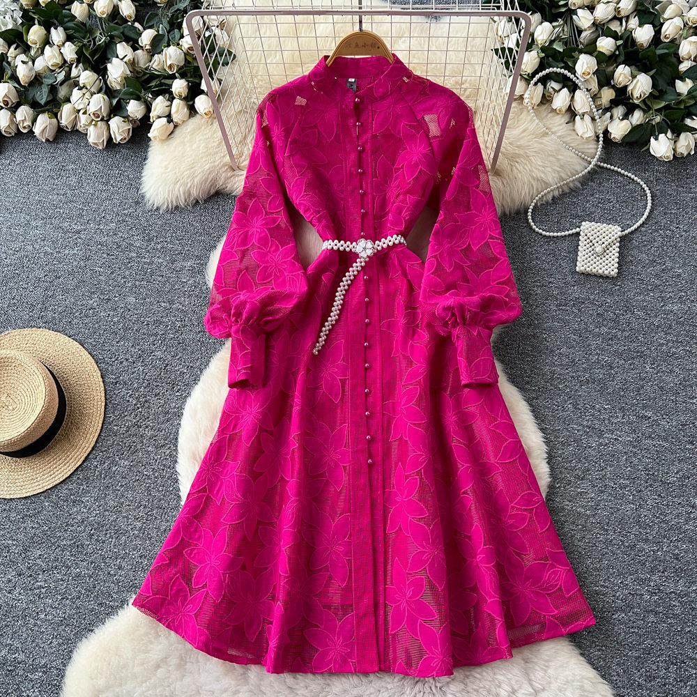 French Vintage Court Style Embroidered A Line Dress Hollow Out Lantern Sleeves Waist Tie Round Neck Elegant Evening