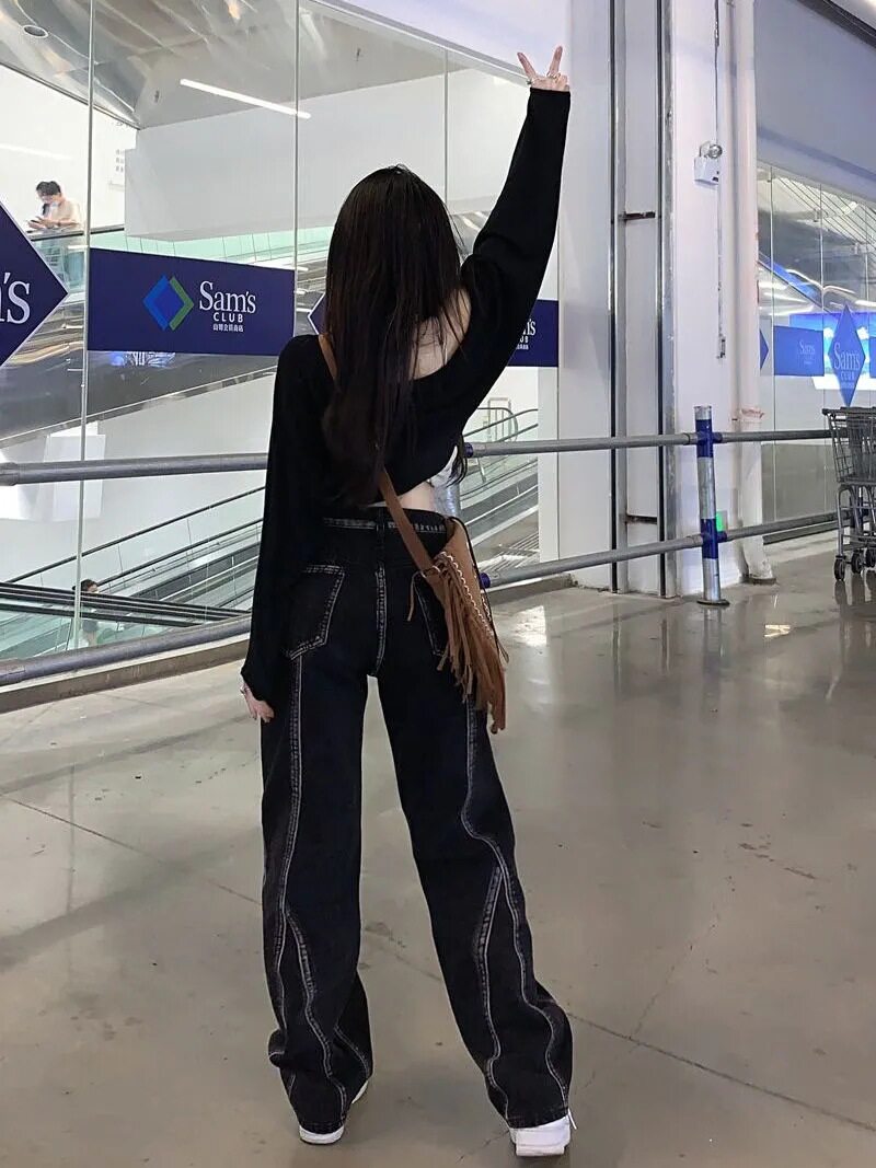 Womens American Street Style Wide Leg Denim Pants Spring Collection Loose Fit High Waisted Floor Length Casual