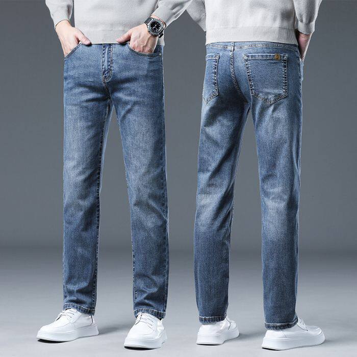 Quần Jean Nam Dáng Suông Vải Cotton Co Giãn Màu Đen Khói