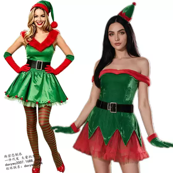 Christmas Outfit: Strapless Short Dress, Sexy Maid Cosplay, Green Elf Girl Christmas Costume for Carnival Party