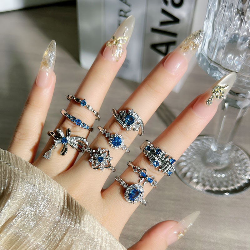 Light Luxury Niche Retro Sapphire Blue Zircon Open Ring for Women, Minimalist Style, Unique High-End Feel, Simple and Fashionable Index Finger Ring