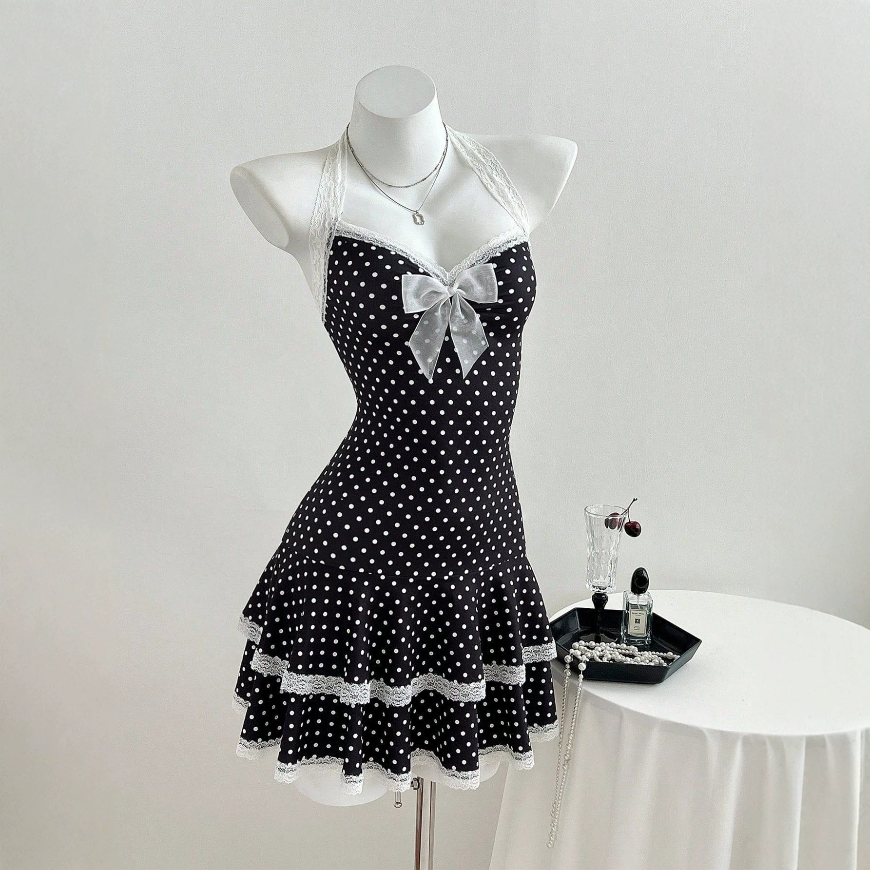 Lace Trim Polka Dot A Line Dress Adjustable Spaghetti Straps Waist Cinching Elegant Style Perfect for Summer Events