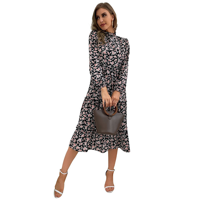 Mid Length Ruffled Print Dress High Neck Long Sleeve Autumn Winter Style Perfect for Casual or Formal Occasions