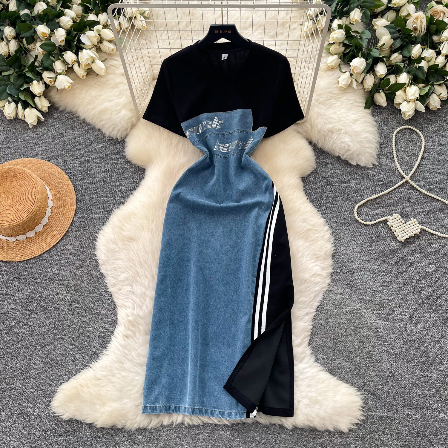Korean Style Two Piece Look Round Neck Dress Summer Slim Fit Waist Defining A Line Denim Casual Office Wear