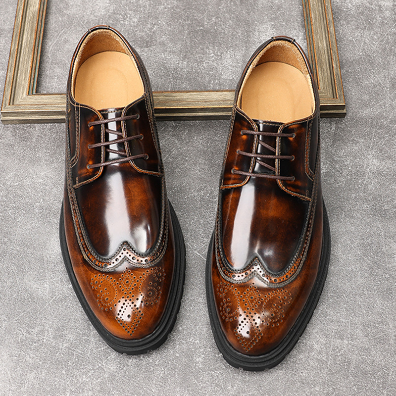 Giày Oxford nam da bò thật bề mặt bóng, đế cao su dày, kiểu brogue lịch lãm — Màu đen, Màu vàng nâu