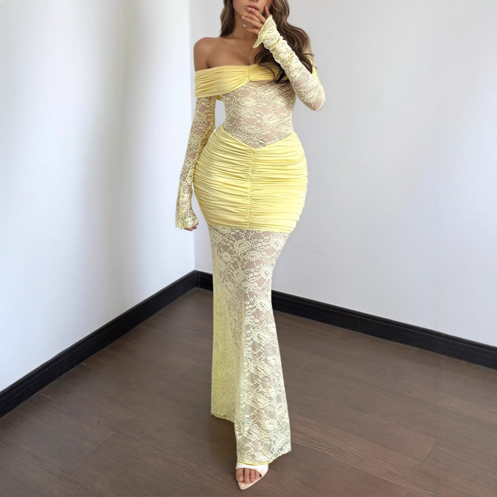 Off Shoulder Lace Trimmed Bodycon Dress Long Sleeve Ruffled Design Elegant Style Perfect for Autumn Events