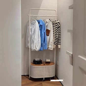 Household Cream Style Mobile Bedroom Floor Coat Rack Imitation Rattan Clothes Basket Internet Celebrant Storage Hanger Storage Rack