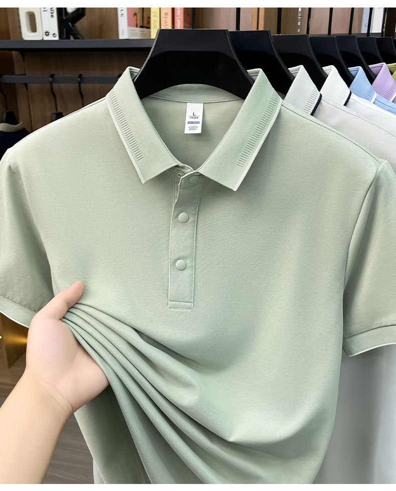 Áo polo nam Leishibert pha cotton lụa tơ tằm, tay ngắn co giãn thoáng mát mùa hè — Xanh biển, Xanh đậu nhạt, Vàng mạch nha, Đen bóng tối