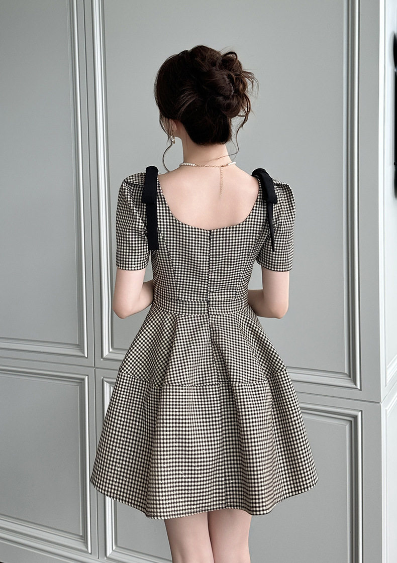Đầm suông nữ ô vuông retro phong cách Hàn tay bồng — [Xám ô vuông] chi tiết 7