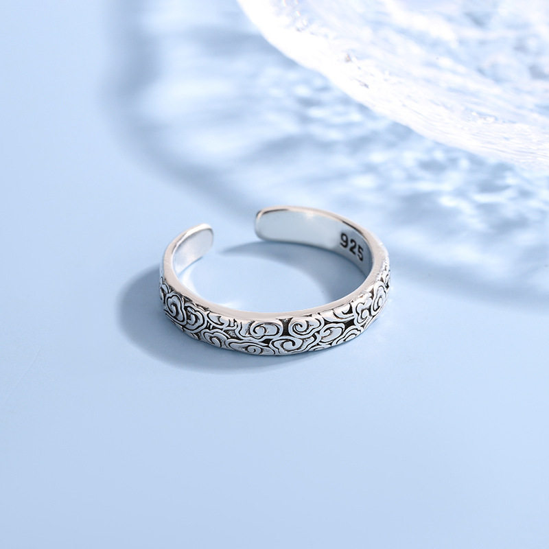 Creative Auspicious Cloud Pattern Ring, Chinese Style, Versatile Electroplated 925 Silver Vintage Cloud Ring for Men and Women, Wholesale