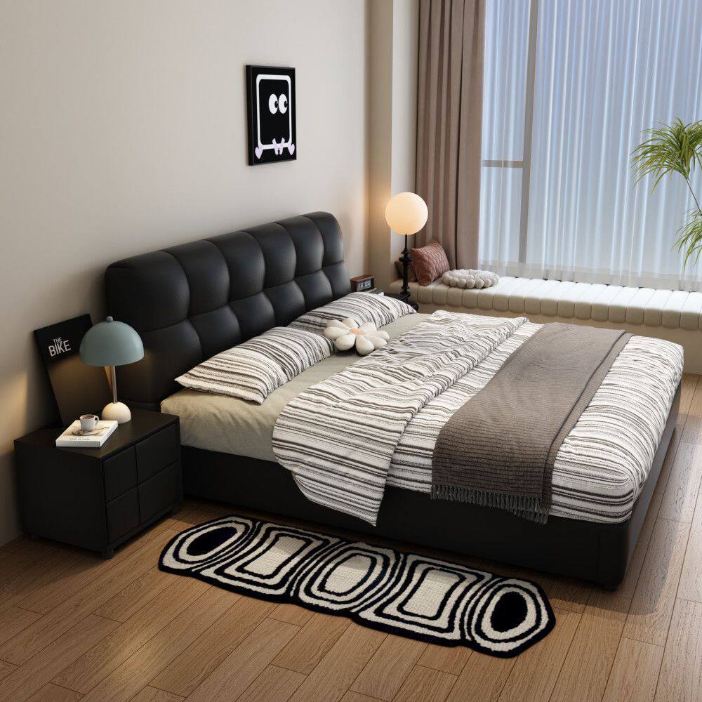 Italian Minimalist Leather Bed Master Bedroom Modern Simple 1.5 Small Apartment Wedding Bed Black Soft Storage Bed Double