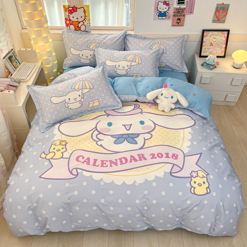 Sanrio Large Printed Cotton Four-Piece Set Pure Cotton Cartoon Kuromi Student Three-Piece Set Fitted Sheet and Quilt Cover Cross-Border