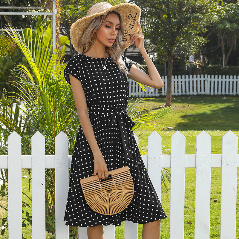 Vintage Polka Dot Ruffled Dress Short Sleeve Elegant Design Summer Style Wholesale Available