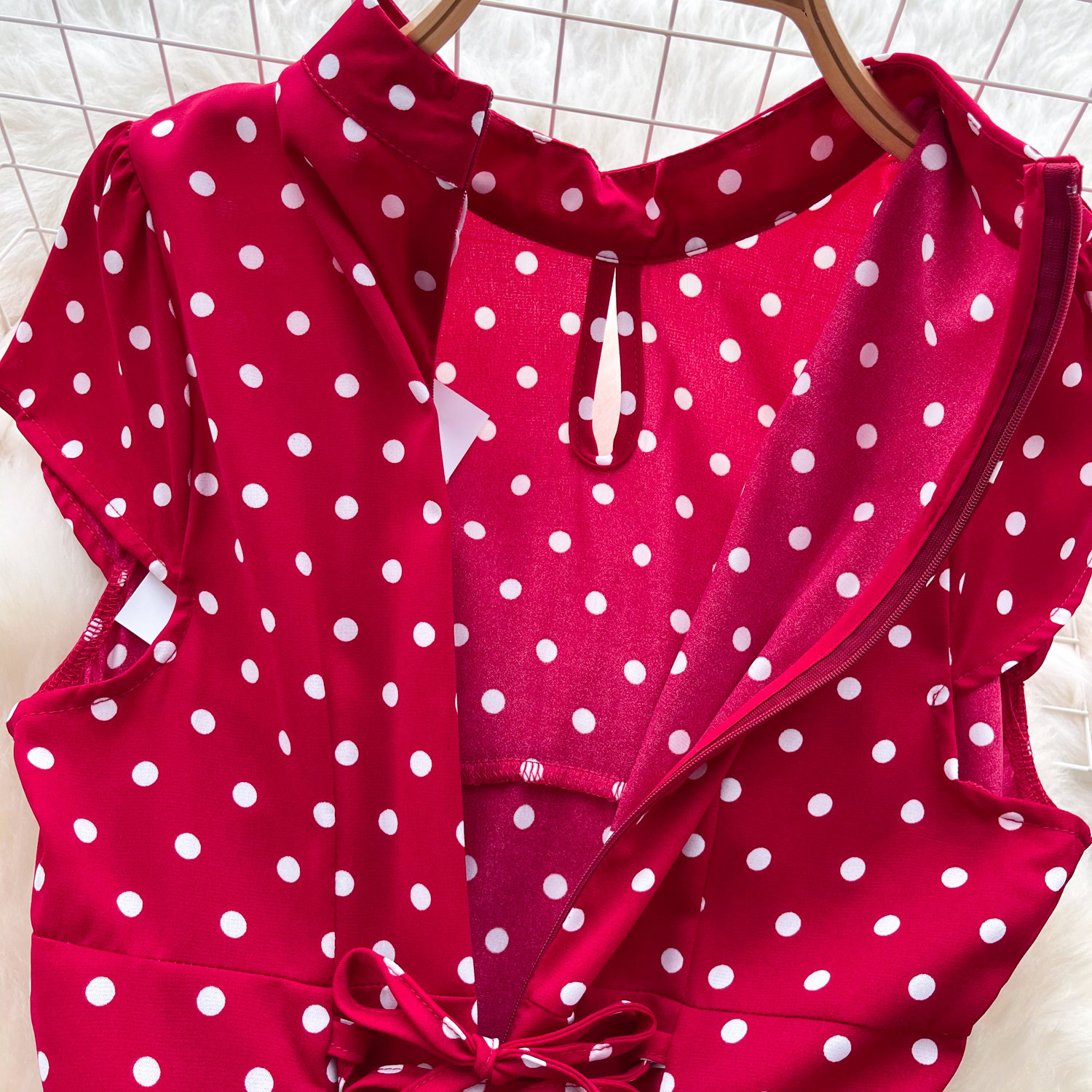 Vintage Red Short Sleeve Polka Dot Dress High Waist A Line Silhouette Summer Casual Wear for Work Wholesale Available