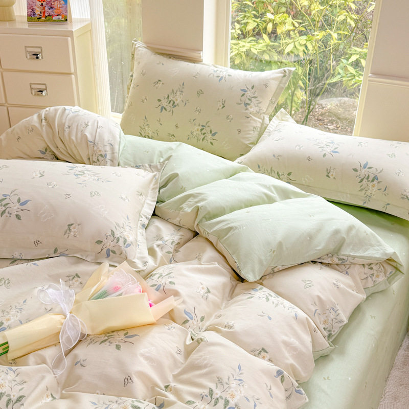 Ins Cotton Bed Four-piece Set Cotton Quilt Cover Sheet Small Fresh Printing Dormitory Three-piece Set Bed Cover 4