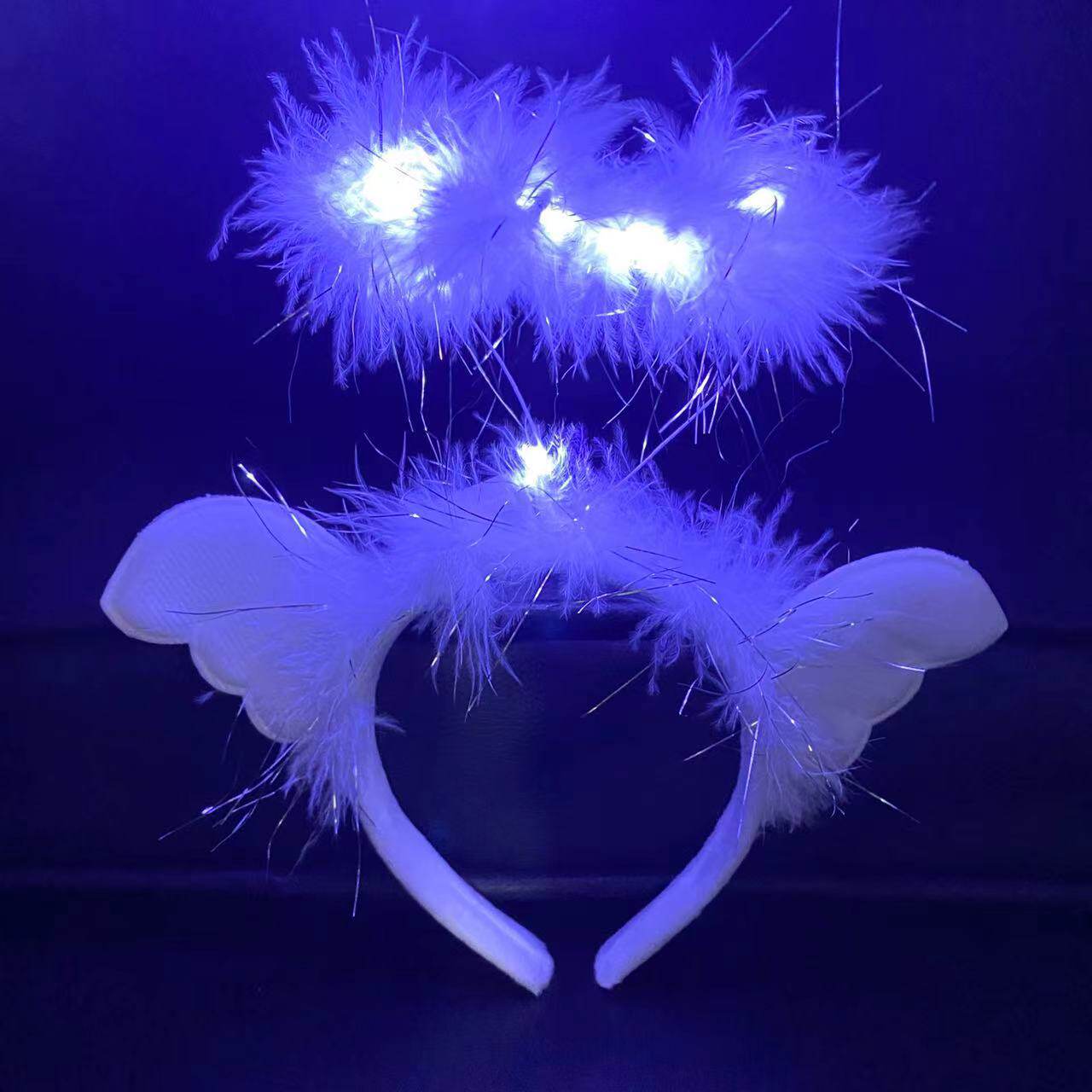 跨境热卖14灯毛毛兔耳朵发光发箍地推金丝羽毛猫耳朵发光头箍玩具