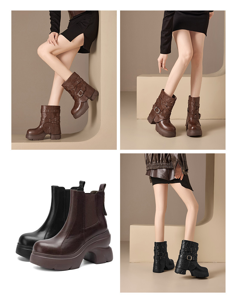 Boot Martin nữ cổ ngắn đế dày khóa thắt lưng gót thô đính đinh tán — Lớp lót đơn màu đen, Lớp lót đơn màu nâu, Lót nhung đen, Lót nhung màu nâu