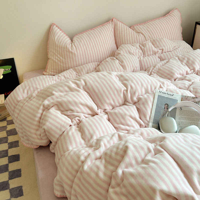 Soft Fufu Autumn and Winter Unprinted Milk Velvet Four-Piece Set Double-Sided Thickeneded Warm Coral Velvet Bed Bed Sheets Quilt Cover Three-Piece Set