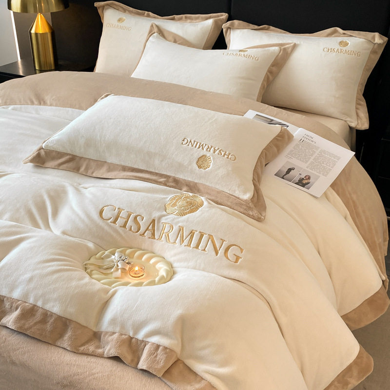 Advanced Version of High-Density Matte Wide-Brimmed Pure Color Milk Velvet Four-Piece Set with Double Embroidery Skin-Friendly and Warm Bedding Set